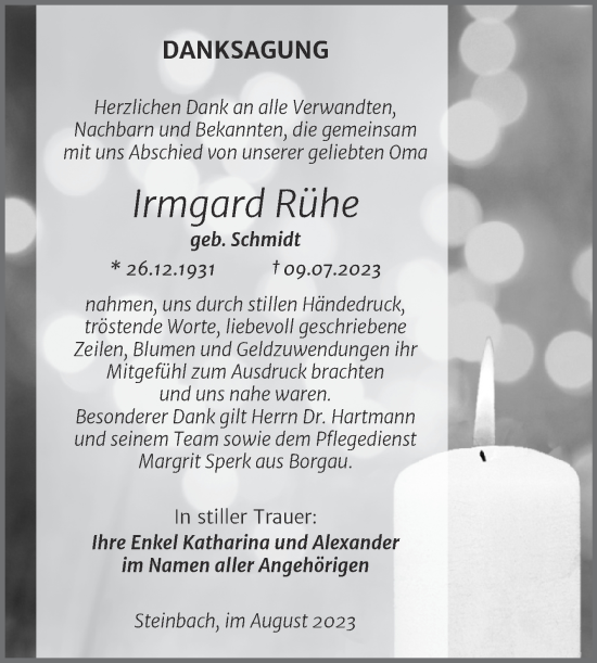 Traueranzeige von Irmgard Rühe von Wochenspiegel Naumburg/Nebra