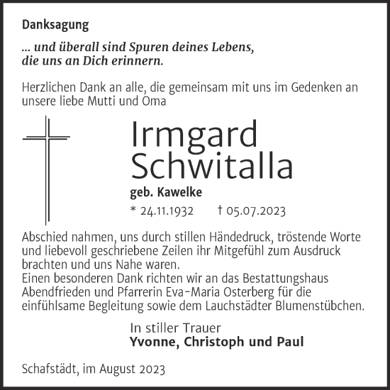 Traueranzeige von Irmgard Schwitalla von Trauerkombi Merseburg