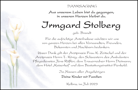 Traueranzeige von Irmgard Stolberg von Trauerkombi Sangerhausen