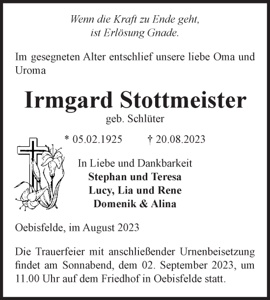 Traueranzeige von Irmgard Stottmeister von Volksstimme Altmark West
