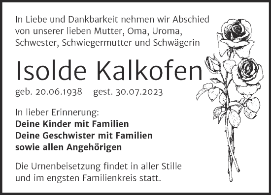 Traueranzeige von Isolde Kalkofen von Trauerkombi Bitterfeld