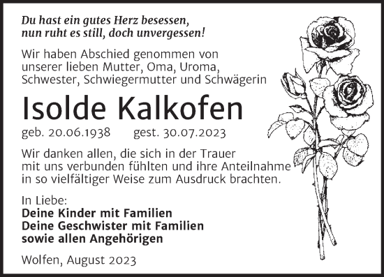Traueranzeige von Isolde Kalkofen von Trauerkombi Bitterfeld