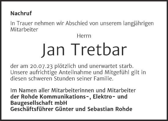 Traueranzeige von Jan Tretbar von Mitteldeutsche Zeitung Merseburg/Querfurt