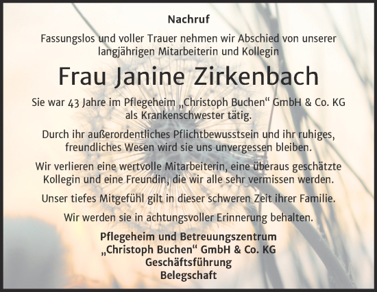 Traueranzeige von Janine Zirkenbach von Wochenspiegel Weißenfels