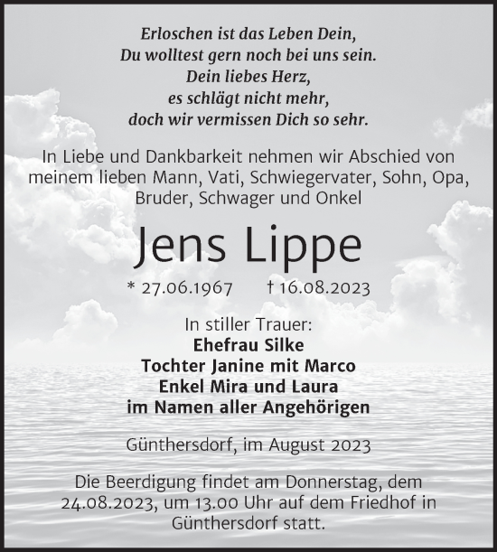Traueranzeige von Jens Lippe von Mitteldeutsche Zeitung Merseburg/Querfurt