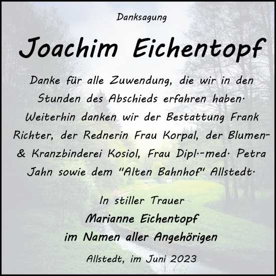 Traueranzeige von Joachim Eichentopf von Trauerkombi Sangerhausen