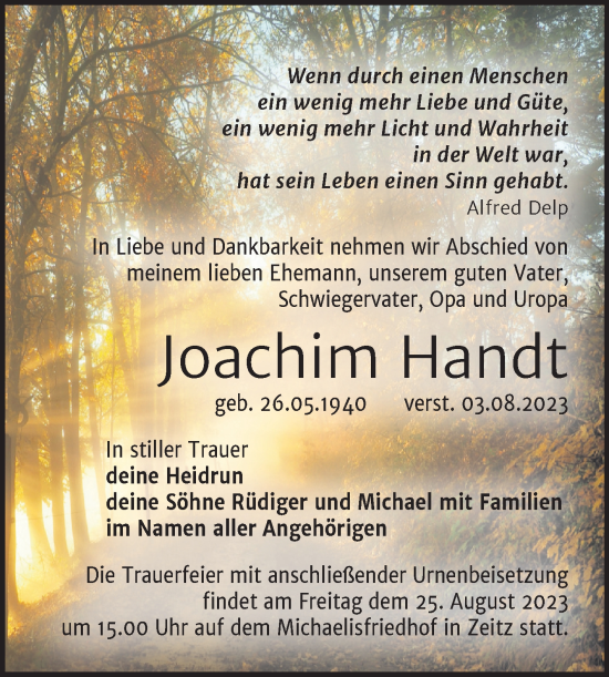 Traueranzeige von Joachim Handt von Trauerkombi Zeitz