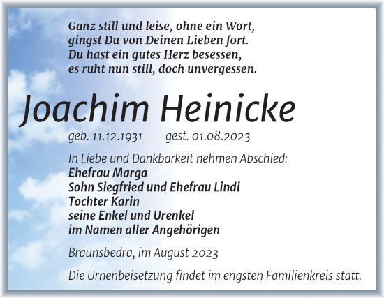 Traueranzeige von Joachim Heinicke von Trauerkombi Merseburg