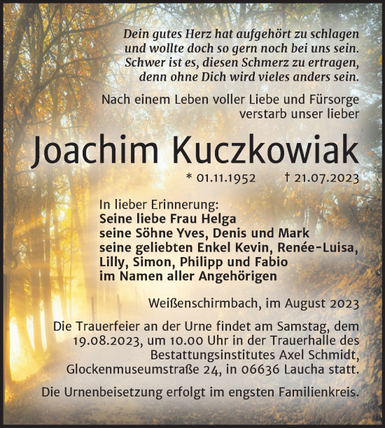Traueranzeige von Joachim Kuczkowiak von Wochenspiegel Naumburg/Nebra