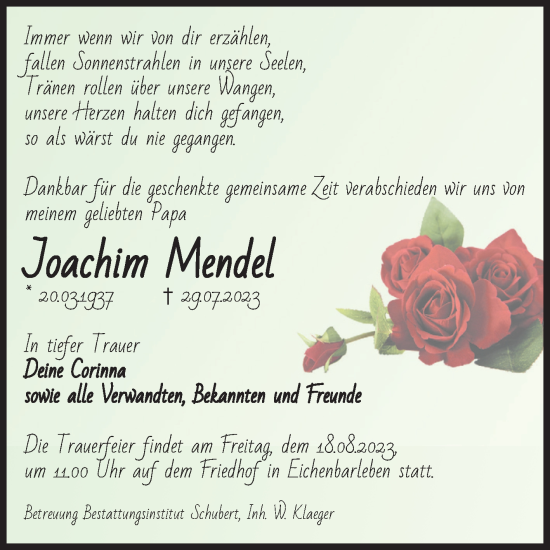Traueranzeige von Joachim Mendel von Volksstimme Haldensleben/Wolmirstedt