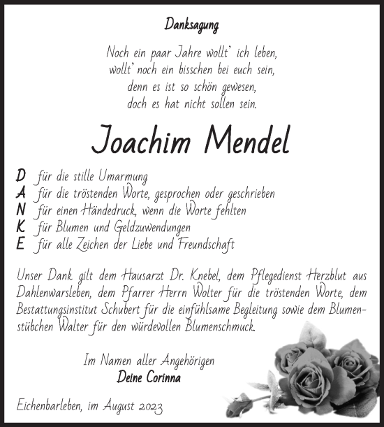 Traueranzeige von Joachim Mendel von Volksstimme Haldensleben/Wolmirstedt