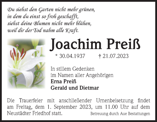 Traueranzeige von Joachim Preiß von Volksstimme Magdeburg