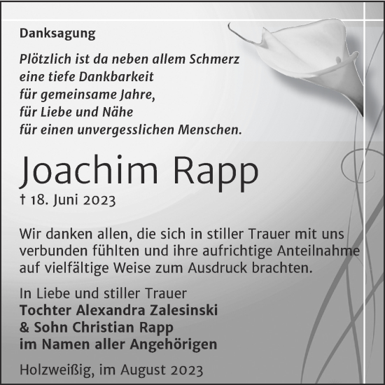 Traueranzeige von Joachim Rapp von Trauerkombi Bitterfeld