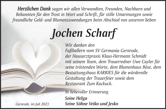 Traueranzeige von Jochen Scharf von Trauerkombi Quedlinburg