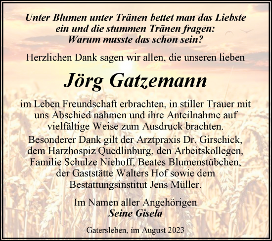 Traueranzeige von Jörg Gatzemann von Trauerkombi Aschersleben