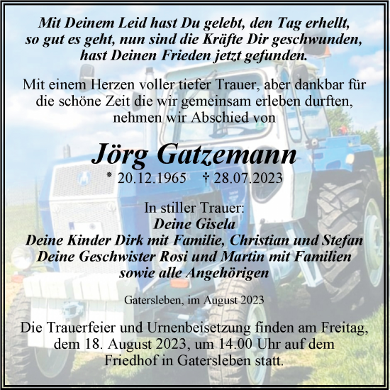 Traueranzeige von Jörg Gatzemann von Trauerkombi Aschersleben