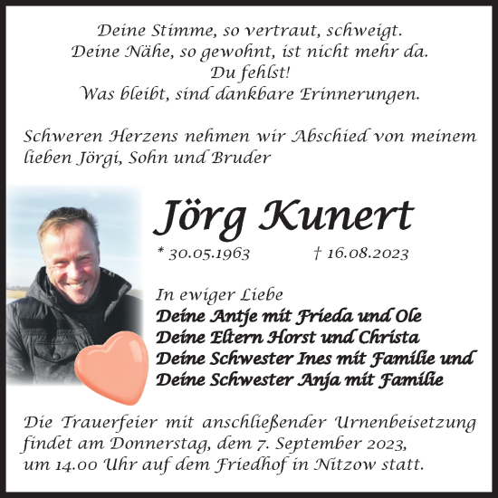 Traueranzeige von Jörg Kunert von Volksstimme Altmark Ost