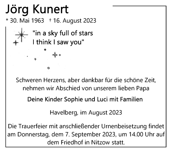 Traueranzeige von Jörg Kunert von Volksstimme Altmark Ost