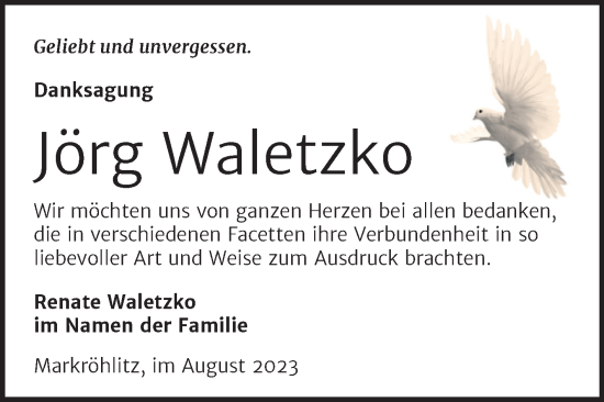 Traueranzeige von Jörg Waletzko von Trauerkombi Weißenfels