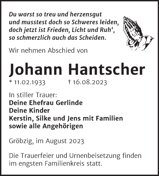 Traueranzeige von Johann Hantscher von Trauerkombi Köthen