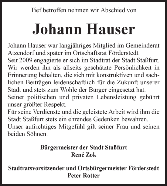 Traueranzeige von Johann Hauser von Volksstimme Staßfurt