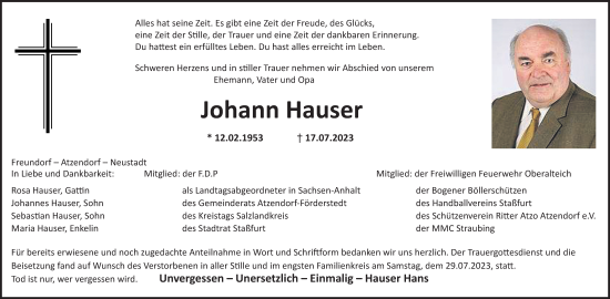 Traueranzeige von Johann Hauser von Volksstimme Schönebeck