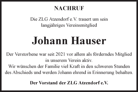 Traueranzeige von Johann Hauser von Volksstimme Staßfurt