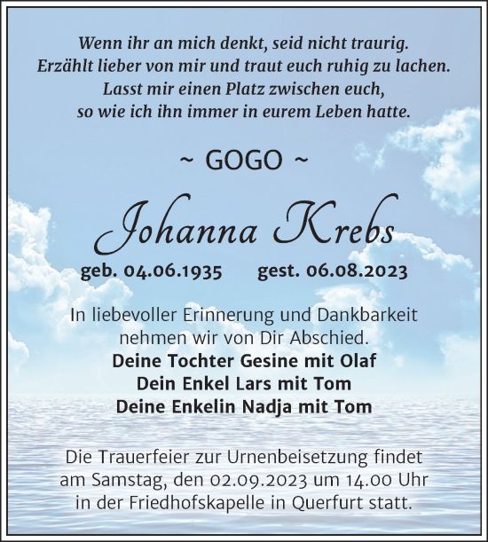 Traueranzeige von Johanna Krebs von Trauerkombi Merseburg