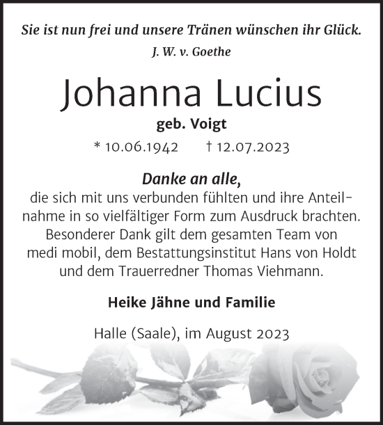 Traueranzeige von Johanna Lucius von Mitteldeutsche Zeitung Halle/Saalkreis