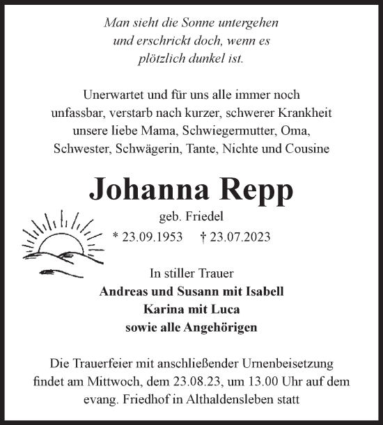 Traueranzeige von Johanna Repp von Volksstimme Haldensleben/Wolmirstedt