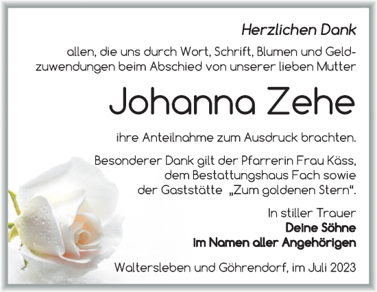 Traueranzeige von Johanna Zehe von Trauerkombi Merseburg