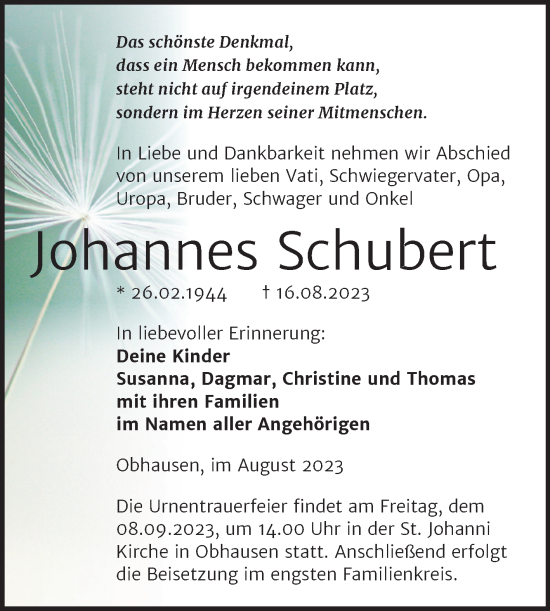 Traueranzeige von Johannes Schubert von Trauerkombi Merseburg