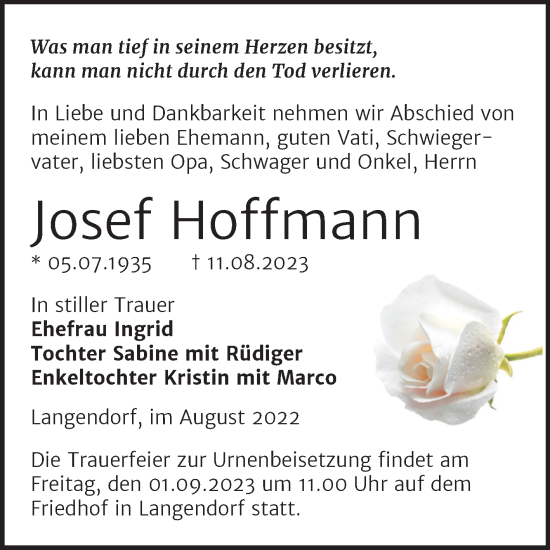 Traueranzeige von Josef Hoffmann von Trauerkombi Weißenfels