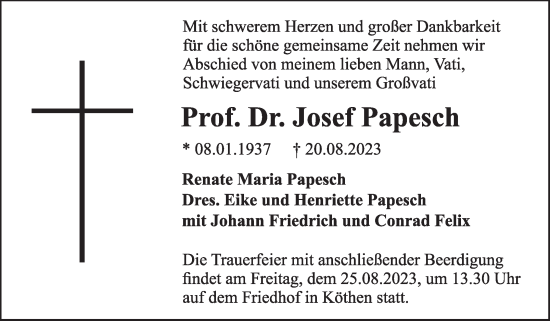 Traueranzeige von Josef Papesch von Trauerkombi Köthen