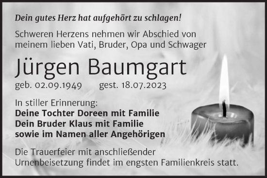 Traueranzeige von Jürgen Baumgart von Trauerkombi Bitterfeld