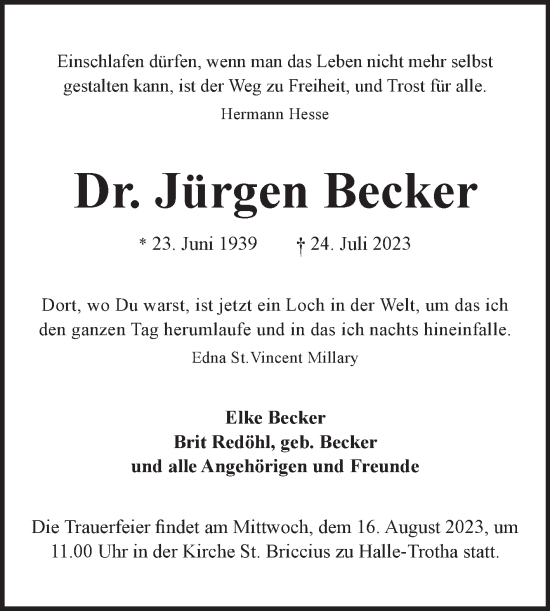 Traueranzeige von Jürgen Becker von Mitteldeutsche Zeitung Halle/Saalkreis