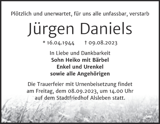 Traueranzeige von Jürgen Daniels von Trauerkombi Bernburg