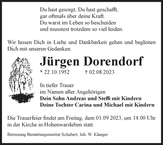 Traueranzeige von Jürgen Dorendorf von Volksstimme Haldensleben/Wolmirstedt