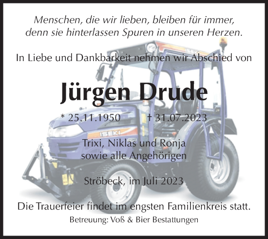 Traueranzeige von Jürgen Drude von Volksstimme Halberstadt