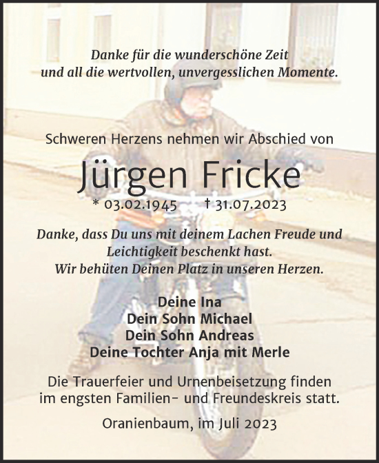 Traueranzeige von Jürgen Fricke von Trauerkombi Wittenberg