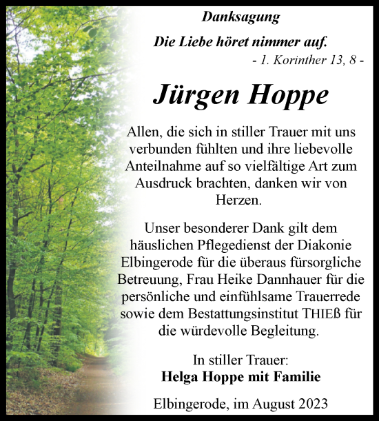 Traueranzeige von Jürgen Hoppe von Volksstimme Wernigerode