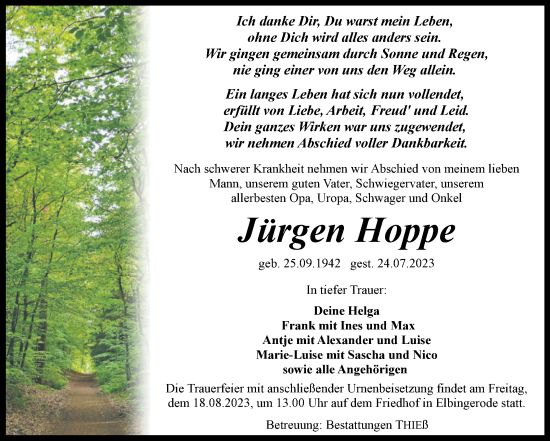 Traueranzeige von Jürgen Hoppe von Volksstimme Wernigerode