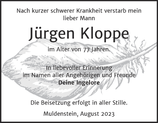 Traueranzeige von Jürgen Kloppe von Trauerkombi Bitterfeld