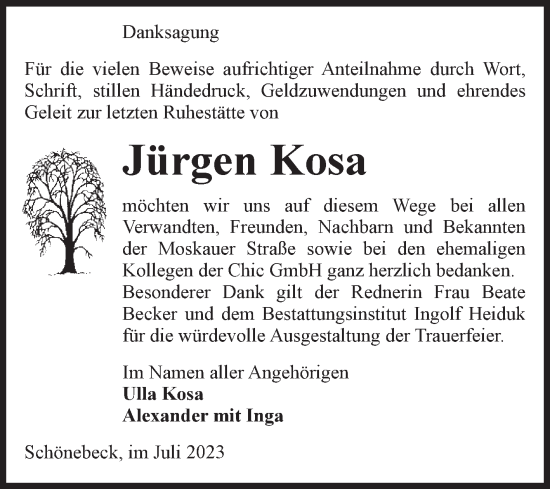 Traueranzeige von Jürgen Kosa von Volksstimme Schönebeck