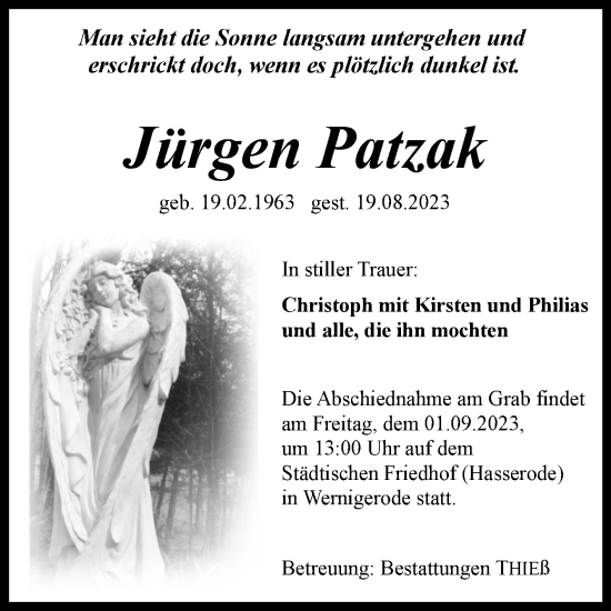 Traueranzeige von Jürgen Patzak von Volksstimme Wernigerode