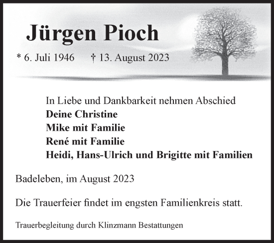 Traueranzeige von Jürgen Pioch von Volksstimme Oschersleben/Wanzleben