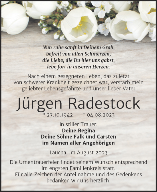 Traueranzeige von Jürgen Radestock von Wochenspiegel Naumburg/Nebra