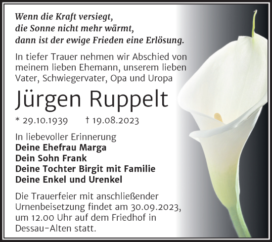 Traueranzeige von Jürgen Ruppelt von Trauerkombi Dessau