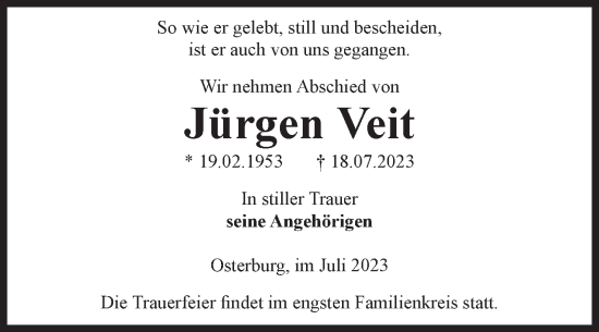 Traueranzeige von Jürgen Veit von Volksstimme Altmark Ost