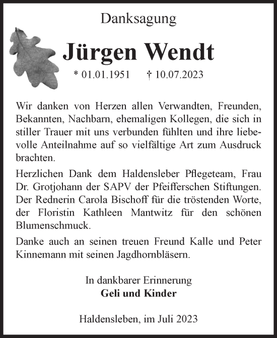 Traueranzeige von Jürgen Wendt von Volksstimme Haldensleben/Wolmirstedt